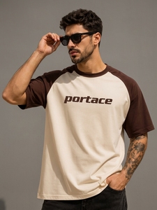 Portace Men's <b>Raglan</b> Sleeve <b>T</b>-<b>Shirt</b> O-Neck Oversized Fit Cotton Jersey Casual Solid Eco-Friendly Acid Wash Front Logo Contrast - Product Image 1
