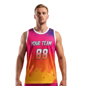 Ensemble uniforme de basketball pour hommes, maillot sans manches et short assorti, imprimé dégradé effet éclaboussures de peinture, kit personnalisé avec nom et numéro d'équipe, 100% coton - Product Image 3