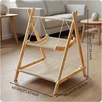 Hamac pour chat à double couche, structure en bois robuste, hamac pour chat à 2 niveaux, housse lavable, lit pour animaux à double couche, lin à double couche