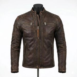 Mens Streetwear Leather Jacket Tanned <b>Stand</b> Collar Winter Custom Design Color ODM Service - Product Image 1