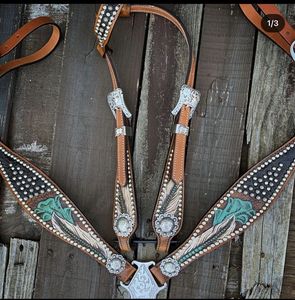 2026 Conjunto de arreos de cuero para montura western, con frontal, pechopetral y correa de ceja, en turquesa, azul verdoso y morado, hecho a mano y con ajuste personalizado - Product Image 3