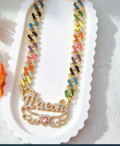 Collar de Cadena Cubana Color Arcoíris, Oro Rosa y Plata, con Colgante de Nombre de Moissanita Creada en Laboratorio, Gargantilla de Eslabones en Forma de Rombo para Fiesta Unisex - Product Image 1