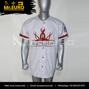 Custom Sublimated Baseball Jersey Men's <b>White</b> Red Popamies Logo Short Sleeve <b>Button</b> Closure Moisture Wicking Polyester Apparel - Product Image 3