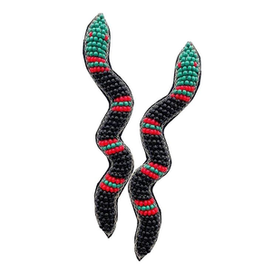 Pendientes de moda con bordado de cuentas de semilla de serpiente, pendientes llamativos negros y azules, joyería de serpiente de la India - Product Image 3