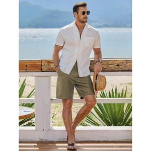 2025 hommes décontracté 8 \ "coton lin Shorts bouton taille été plage Shorts poches haute rue Style XS taille élastique tricoté - Product Image 5