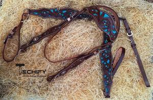 Conjunto de cabezada y pechopetral de cuero personalizados para caballo, estilo inglés, con diseño floral turquesa repujado, para carreras de barriles - Product Image 3