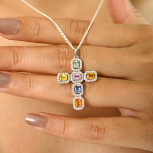 18K Solid White Gold Multi Sapphire Cross <b>Pendant</b> Rhodium Plated Gift - Product Image 3
