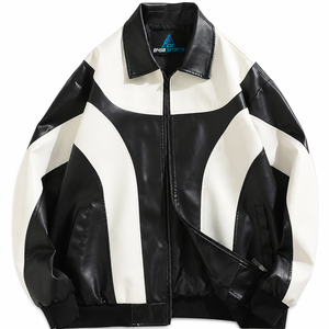 Chaqueta Bomber de Cuero Sintético Negra y Blanca para Hombre BNSB SPORTS, con Bloques de Color, Cierre Frontal con Cremallera, Puños Acanalados, Ropa Casual de Calle, Prenda Exterior de Invierno - Product Image 1