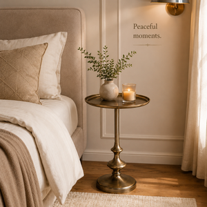 Modern <b>Round</b> Pedestal <b>Side</b> <b>Table</b> with Raised Tray Top and Antique Brass Finish | Elegant Accent End <b>Table</b> with Decorative Base - Product Image 3