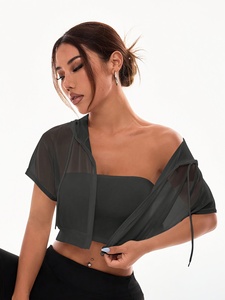Haut court à capuche en mousseline de soie noire pour femme avec fermeture éclair, manches courtes, couleur unie, respirant, idéal pour l'été - Product Image 4