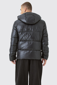 Men's Puffer Jacket Winter Casual Windproof Thick PU Coat Black Regular Fit <b>Covered</b> <b>Button</b> Closure Solid Color Patchwork High - Product Image 3