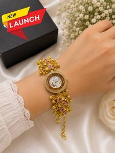 Luxury Gold-Tone <b>Bracelet</b> Watch for Women with Pink Stone Detailing Ethnic Designer Wrist Watch Traditional Party Wear Watch - Product Image 3
