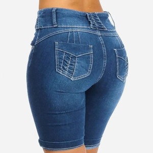 PRIMEFIELD ENTERPRISES Short en jean taille mi-haute pour femme, coupe droite, poches froncées, délavé, style automne, couleur unie, imperméable - Product Image 1