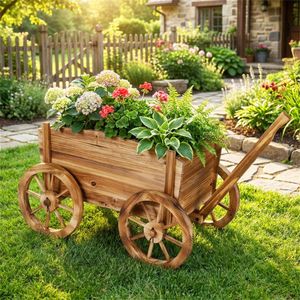 Vintage 44LBS Capacity Wood Flower <b>Pot</b> <b>Stand</b> with Drainage Hole Wagon Cart for Indoor & Outdoor Use Elegant Vintag - Product Image 5