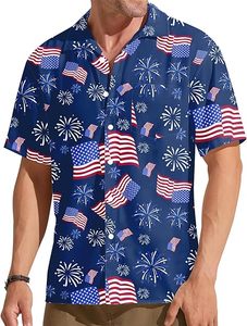 Chemise hawaïenne à étoiles et rayures patriotiques pour hommes, haut décontracté pour les vacances d'été - Product Image 1