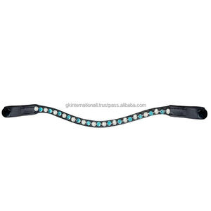 Bandeau de tête pour cheval de course en cuir de selle épais et durable de qualité supérieure, décoré de cristaux multicolores, de pierres et d'une chaîne métallique - Product Image 3