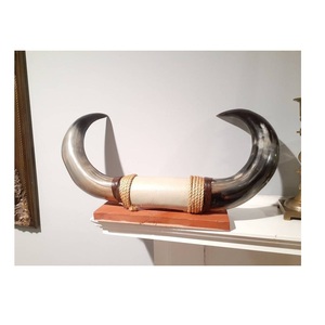 Natural Buffalo Horns Decorative Pair Rustic Tabletop Vase Antique Weathered Wood Base 2Pcs long design - Product Image 6