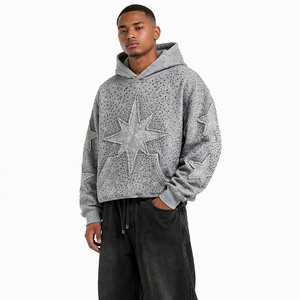 Sweat-shirts pour hommes en molleton de coton, style streetwear personnalisé, avec appliques brodées et strass sur toute la surface, style Y2K, poids lourd, OEM - Product Image 4