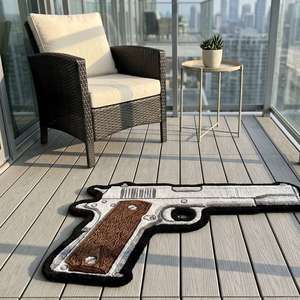 Tapis de sol unique en forme de pistolet, tufté à la main, noir et argenté, pour salon, chambre, salle de jeux et décoration de studio - Product Image 3