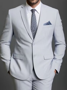 Costume 2 pièces de luxe gris clair à fines rayures pour homme 2026 – Coupe ajustée, idéal pour affaires, mariage, cérémonie, bureau, bal de promo – Ensemble veste et pantalon rayés - Product Image 2