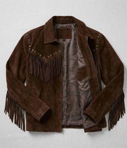 Fazmax Corporation Men's Brown Cowhide Leather Biker <b>Jacket</b> <b>Fringe</b> Tassel Turn-down Collar Zipper Closure Breathable OEM Service - Product Image 1