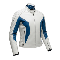 Jaket Motor Kulit PU Pria Warna Putih Biru Model Color Blocking Kerah Tegak Ritsleting Slim Fit Gaya Biker untuk Musim Semi