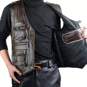 High quality Cowhide <b>Leather</b> <b>Sleeveless</b> Vest <b>jacket</b> for men's OEM Factory Customize motorbike <b>leather</b> Vest - Product Image 2