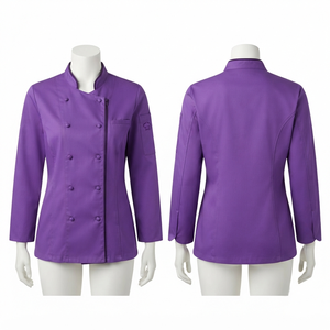 Chaqueta de Chef para Mujer, 240 GSM, Polialgodón, Morado, Manga Larga, Paneles a Medida, Bordado Personalizado, Etiqueta Tejida, OEM, ODM - Product Image 1
