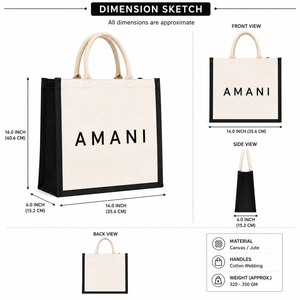กระเป๋าผ้าแคนวาส AMANI ขนาด 16x14x6 นิ้ว สีเบจ พร้อมหูหิ้วผ้าฝ้ายสีดำ - Product Image 2