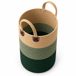 Customize <b>Green</b> Cotton Jute Foldable Minimalist Storage <b>Basket</b> Rope Handles Eco-Friendly Laundry Hamper Nursery Organizer Bin - Product Image 2