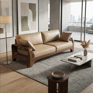 Modern Three Seat Sofa Set Handcrafted Leather Upholstered Solid Wood <b>Frame</b> Rolled Minimalist Design Villa Living Room Furniture - Product Image 1