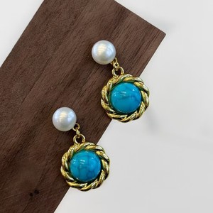 Petites boucles d'oreilles pendantes rétro turquoise fraîches, perle d'eau douce naturelle avec bijoux fins en argent pur à la mode - Product Image 3