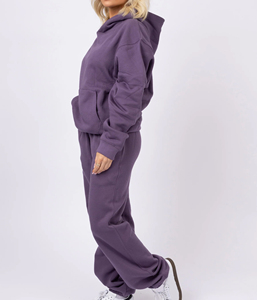 Ensemble de survêtement 2 pièces pour femme, violet, oversize, à épaules tombantes, en molleton uni, avec sweat à capuche et pantalon de jogging à revers côtelés, élégant - Product Image 2