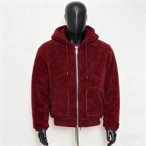 Veste polaire à capuche pour homme, design varié, rouge uni, fermeture éclair sur le devant, poches, vêtements d'hiver décontractés, coupe régulière, style sherpa, vêtements d'extérieur - Product Image 1