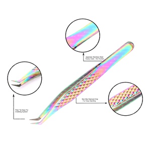 Pinzas de extensión de pestañas multicolores de etiqueta privada Punta de fibra de agarre de diamante Pinzas de pestañas de bajo costo de acero inoxidable Punta puntiaguda - Product Image 1