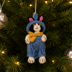 Knitted Cat Doll Christmas Decoration Cartoon Blue With Yellow Scarf Handmade Ornament - Product Image 1