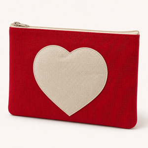 Pochette de maquillage en jute laminée rouge avec logo personnalisé, 22,5x15 cm, patch cœur, fermeture éclair, trousse de toilette de voyage, vente en gros, OEM, ODM, usine - Product Image 6