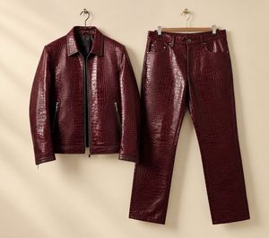 IRSA SPORTS Real <b>Leather</b> Alligator Embossed <b>Burgundy</b> Motorcycle <b>Jacket</b> Pants Set | Luxury Waterproof Front Unisex Full Sleeve - Product Image 1