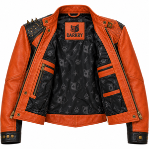 <b>Women</b> Orange Real Cowhide Leather Biker Jacket Printed Cat Black Panel Spiked Shoulder <b>Outerwear</b> Coat OEM ODM Custom Wholesale - Product Image 5