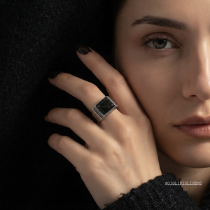 925 Sterling Silver Black Tourmaline Bezel Setting Rhodium Plated Wide Band Classic Engagement <b>Ring</b> Unisex Jewelry - Product Image 5