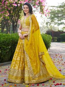 Yellow Embroidered <b>Lehenga</b> Set Block Printed Indian Pakistani Outfit Dupatta Blouse and Skirt for <b>Wedding</b> Festival - Product Image 6