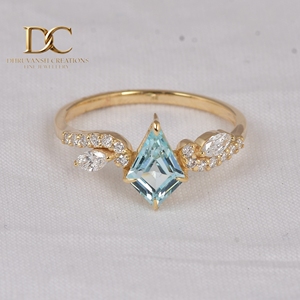 Dhruvansh Creations 9k Solid <b>Gold</b> Lab Grown Diamond Lab Grown Paraiba Tourmaline Prong <b>Set</b> Kite-Shaped Cocktail <b>Ring</b> Trendy - Product Image 3