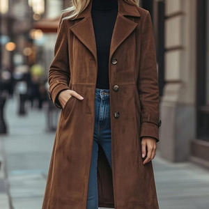 Abrigo largo de cuero genuino de gamuza para mujer, elegante prenda de invierno adecuada para el uso diario y un estilo de vida relajado. - Product Image 1