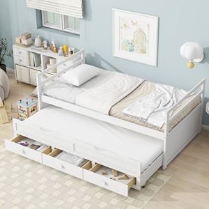 Letto singolo in legno di pino con testiera e pediera grigie, include tre cassetti contenitore e letto estraibile per bambini - Product Image 3