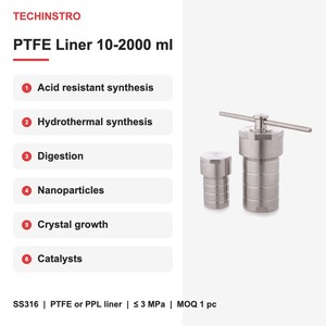 Reactor de Autoclave Hidrotermal con Revestimiento de PTFE de 10ml a 2000ml, Carcasa de Acero Inoxidable, Temperatura Segura de 200°C, Versión PPL 260°C Disponible - Product Image 4