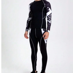 Conjunto de compresión de manga larga para hombre, color negro, cuello redondo, de secado rápido, licra y poliéster, top de manga larga y pantalones, para todas las estaciones, geométrico - Product Image 5