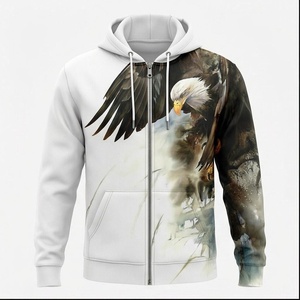 Sweat-shirt à capuche zippé pour homme avec imprimé aigle, coupe décontractée, en polyester tricoté, pour l'automne - Product Image 1