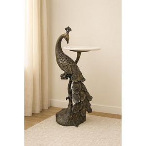 Handcrafted <b>Gold</b> Peacock Accent <b>Table</b> With <b>Round</b> White Marble Top Decorative Metal Pedestal End <b>Table</b> For Upscale Living Room - Product Image 4