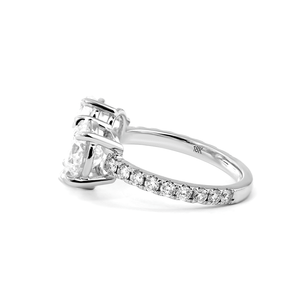 Elegant <b>Two</b> <b>Stone</b> Toi et Moi Lab Diamond <b>Ring</b> with Round Brilliant and Pear Shaped Diamond on Sparkling Pave Set 14K White <b>Ring</b> - Product Image 4