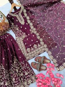 Conjunto de traje Salwar de seda Gmy con bordado elaborado, con Plazzo y Dupatta – Ropa étnica - Product Image 6